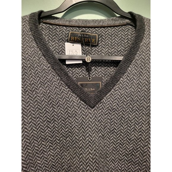 New Jos A Bank Reserve Wool Blend V Neck Sweater Sz L Gray Herringbone - Picture 2 of 5
